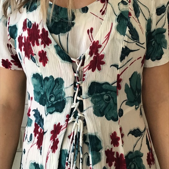 Cottagecore Floral Front Tie Cinch Waist Midi Dress - Picture 4 of 5